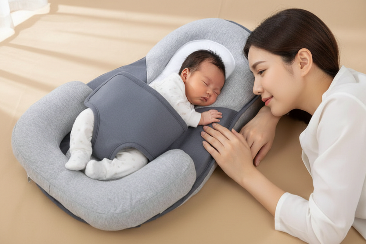 Baby sleeping in a gray and white baby seat with a woman beside it on a beige surface.