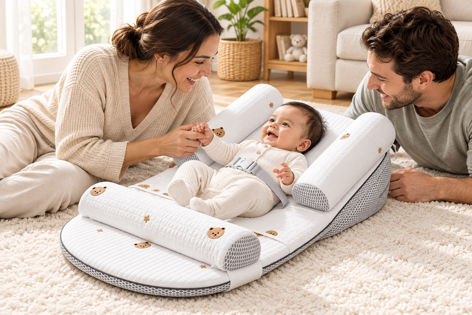 Parents interacting with their awake baby on the Teddy Bear SleepWell support cushion in a bright living room.