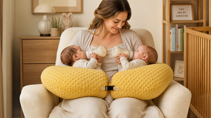 Woman holding two babies with a yellow nursing pillow in a cozy nursery.