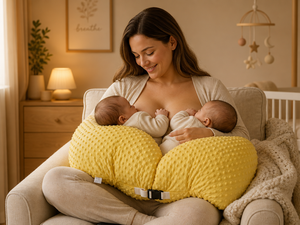 Woman breastfeeding twins with a yellow哺乳枕 in a cozy room.
